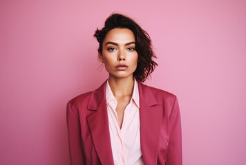 a pink jacket with a woman standing against pink background