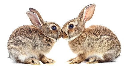 Two bunnies are kissing isolated on a white background - obrazy, fototapety, plakaty