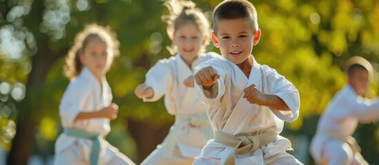 Fototapeta premium Karate kids practice martial arts.