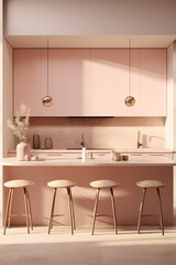 a pink kitchen with stools and chairs
