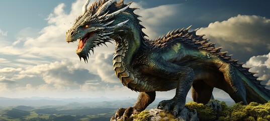 Majestic dragons and mythical creatures in misty mountain valley with rainbow hued energy