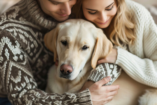 Sincere , candit portrait. Beautiful young couple hugging their pet cute big labrador retriever.  Cozy atmosphere