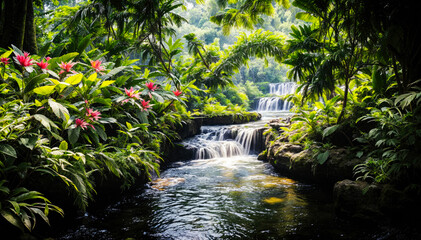 Fototapeta premium Lush Green Rainforest Waterfall with Floral Beauty