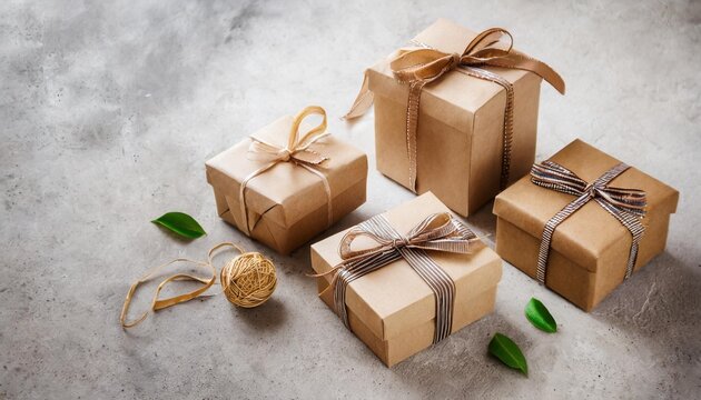 craft paper gift boxes with ribbons on a background