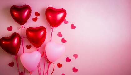 Obraz na płótnie Canvas valentine s day background with red and pink hearts like balloons on pink background flat lay
