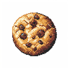 Pixelated art illustration of a chocolate chip cookie on a white background