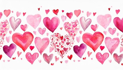 seamless watercolor header with pink and red hearts on white background valentine s day border