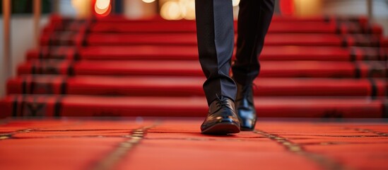 An elegant man strutting on a red carpet runway with stylish shoes. - obrazy, fototapety, plakaty