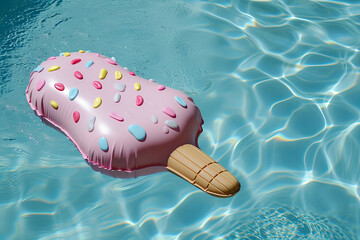 
Swim mattress in the shape of ice cream floating in the swimming pool