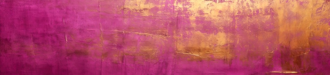 Fototapeta na wymiar Shiny gold and magenta banner for colorful web, design. Structured surface destroyed, luxury, vintage feeling. Light reflecting on violet, purple, gold paint. Wall, backdrop.
