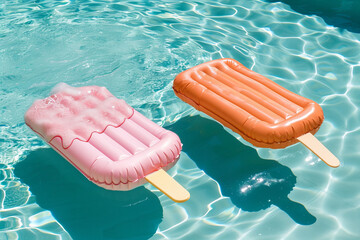 
Swim mattress in the shape of ice cream floating in the swimming pool - obrazy, fototapety, plakaty