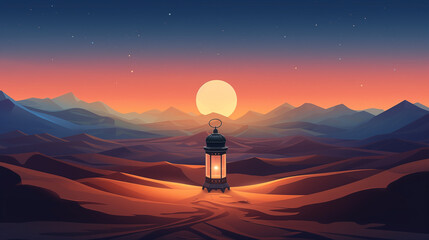 The light of Ramadan. Illustration of lanterns in the desert shining at night during Ramadan.
