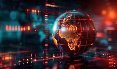 represents the global economic landscape. showcasing digital interconnected trade and commerce. Economic activities unfold seamlessly across continents