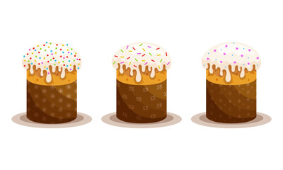 A set of Easter cakes decorated with icing. Vector illustration.