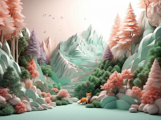 3D rendering fox in the green mountain and pink forest with paper cut style  - obrazy, fototapety, plakaty