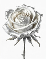 Piękna, rustykalna, srebrna Róża na białym tle. Kartka na Walentynki, urodziny. Generative AI - obrazy, fototapety, plakaty
