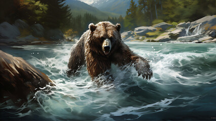 Brown bear swimming in a mountain river. 3d render illustration.