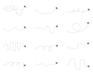 Airplane dotted route line set. Air plane flight route. Vector illustration.