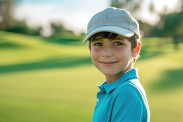 Happy boy at golfing training lesson looking at camera on golf course