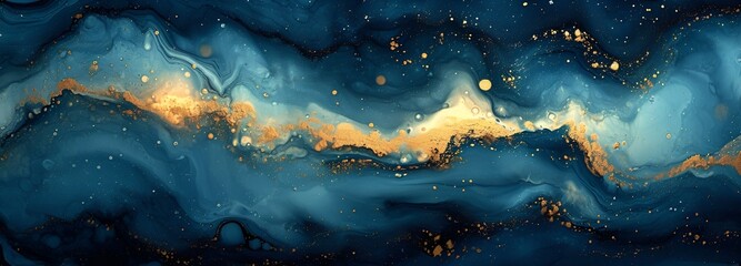 Green, Blue, and Gold Abstract Painting in Fluid Ink Style, Detailed Backgrounds, Dark Azure and...