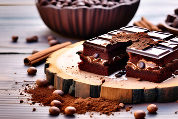 Scrumptious Dark Chocolate Cake with Crumbs and Cocoa Beans on Antique Wood
