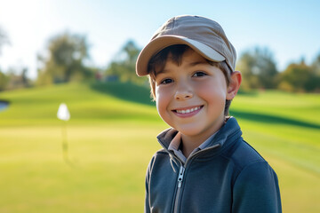 Happy boy at golfing training lesson looking at camera on golf course - obrazy, fototapety, plakaty