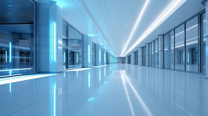 Fototapeta premium Hospital hallway with empty reception clinicUnfocused background in light blue and white tones.
