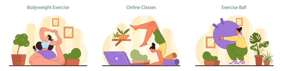 Home Workout set. Engaging in bodyweight exercises, virtual classes, and stability ball routines for an all-encompassing fitness regimen. Perfect for at-home wellness. Flat vector illustration.