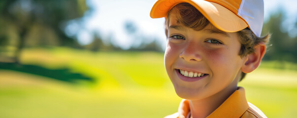 Happy boy at golfing training lesson looking at camera on golf course