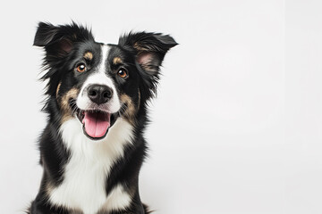 Portrait of a beautiful purebred Border Collie in black and white coloring with expressive eyes on a light background and space for text. Copy space. - obrazy, fototapety, plakaty