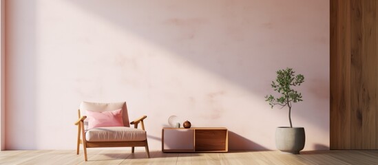 Minimalist living room with pink armchair, wooden table, and bare walls.