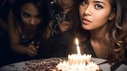 Beautiful Woman Blows Out Candle on Birthday Cake, Birthday Mood with Friends