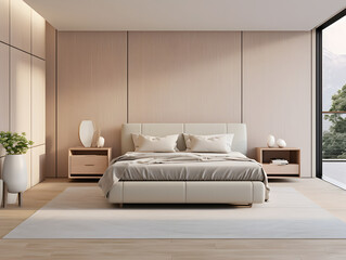 Modern bedroom with a beige-toned bed and furniture