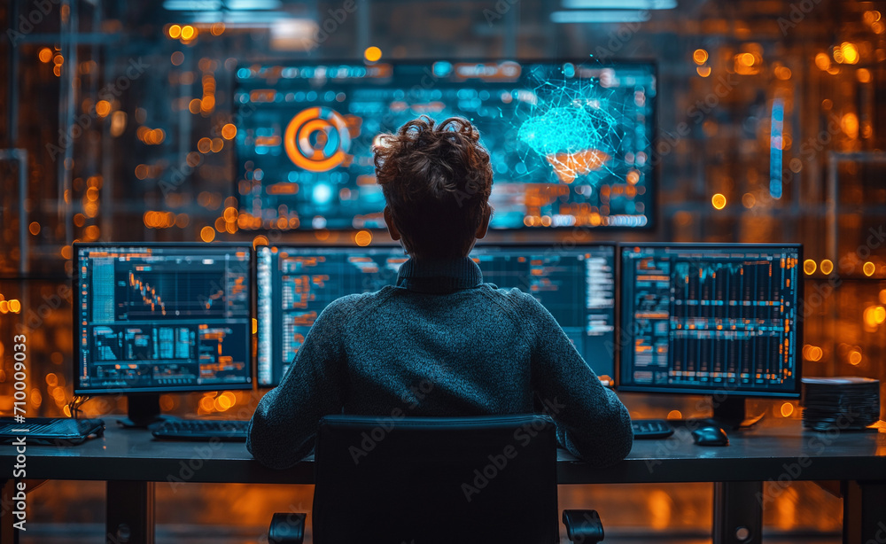 Wall mural tech professional analyzes data on futuristic ai interface screens in a modern command center.