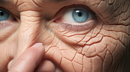 Close-up on damaged face skin of old woman, wrinkled or cracked - obrazy, fototapety, plakaty