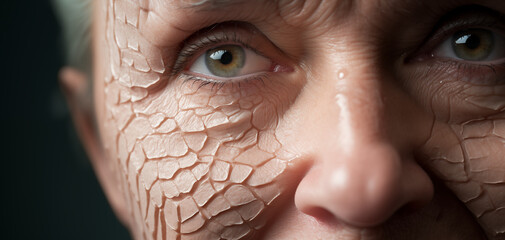 Close-up on damaged face skin of old woman, skin exfoliation, dry skin concept - obrazy, fototapety, plakaty