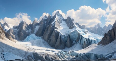 An image of a high mountain pass with glaciers clinging to steep cliffs, showcasing the raw beauty of jagged peaks and icy blue crevasses - Generative AI