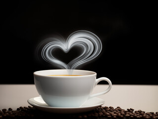 fresh cup of coffee with heart shaped steam