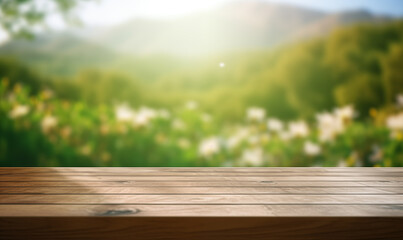 empty wooden table in front of green spring background with plenty of space for product placement