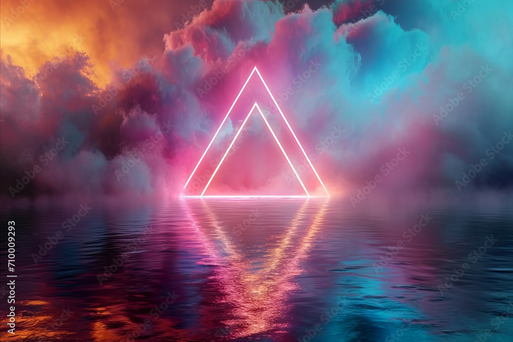 Aufkleber abstract neon glowing triangle surrounded by fog and clouds. modern design background