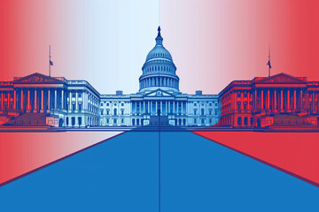 US Capitol with one half red and the other half blue, republicans vs democrats concept - obrazy, fototapety, plakaty
