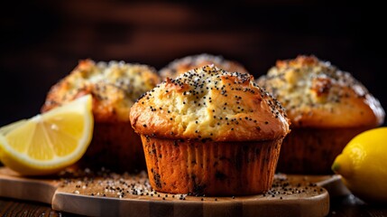 Delicious lemon poppy seed muffins with a easy recipe concept for home kitchen on blurred background - obrazy, fototapety, plakaty