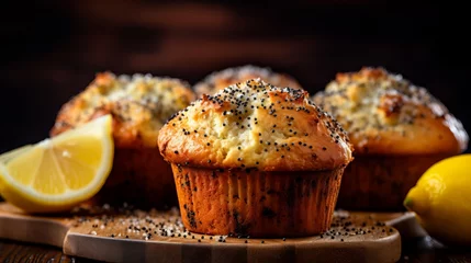 Foto op Plexiglas Delicious lemon poppy seed muffins with a easy recipe concept for home kitchen on blurred background © Andrei