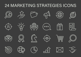 Marketing Strategies Icons Set. A collection of line icons representing key marketing strategies including SEO, social engagement, and analytics. Flat vector illustration.