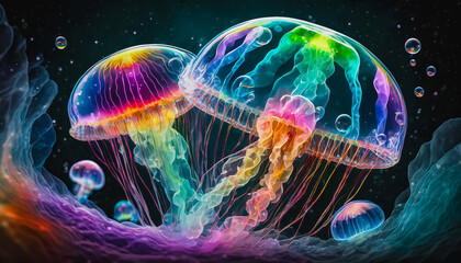 Magnifiques méduses colorées translucides