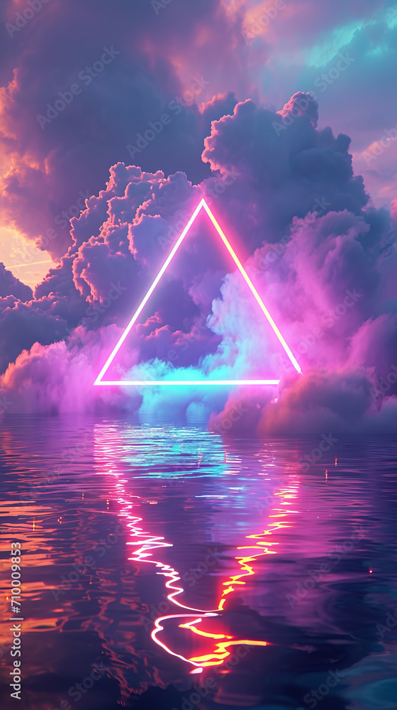 Aufkleber abstract neon glowing triangle surrounded by fog and clouds. modern design background