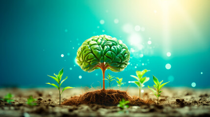 a close-up view of a small green plant growing out of the ground with a brain-like structure. The roots extend into the earthy soil. Growth concept. AI generative