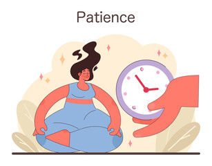 Essence of Patience illustration. A serene figure in meditation, harmoniously balanced with time, symbolizing the tranquil power of patience. Flat vector illustration