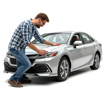 Person inspecting the exterior of a new car isolated on white background, simple style, png
