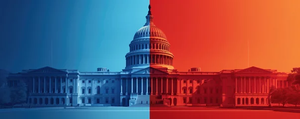 Keuken foto achterwand Half Dome US Capitol with one half red and the other half blue, republicans vs democrats concept